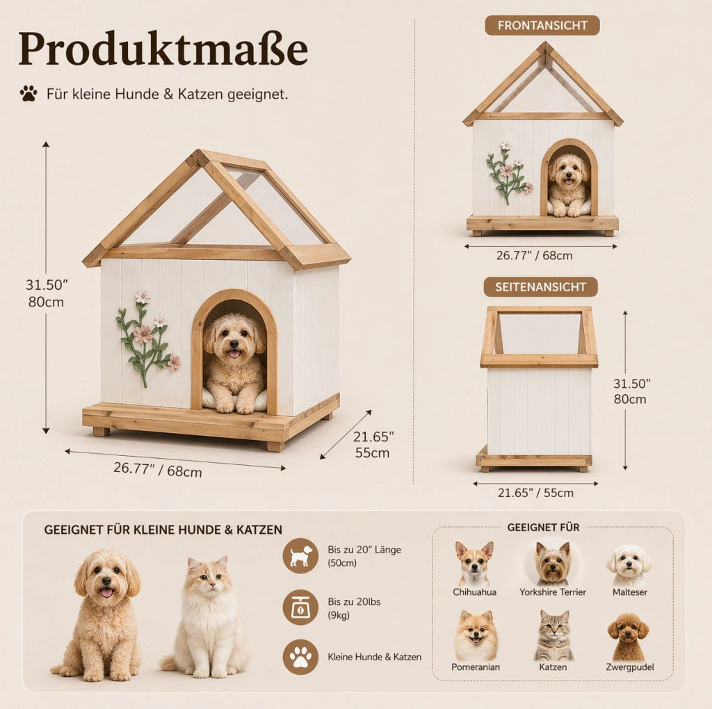 Casetta per gatti e cani di piccola taglia in legno con tetto in acrilico 60x55x80 cm; bianco