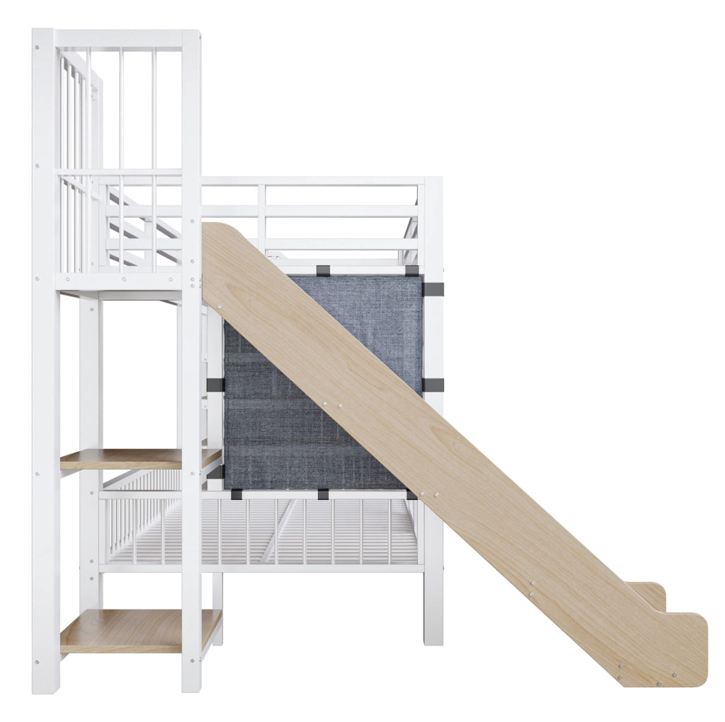 Letto a soppalco per bambini 90x200 cm in metallo bianco con scivolo; scala con contenitore e ripiani