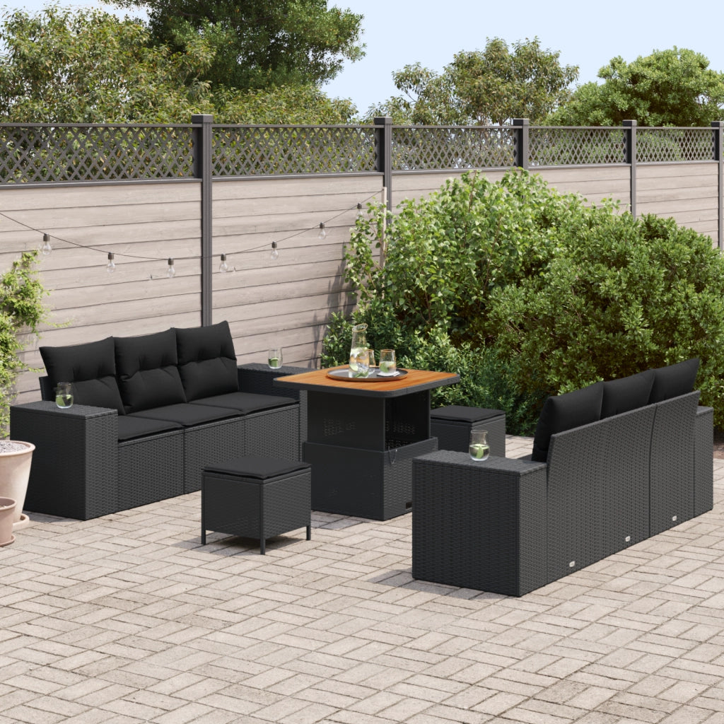 Set Divano da Giardino 9 Pezzi con Cuscini Nero Polyrattan Acacia