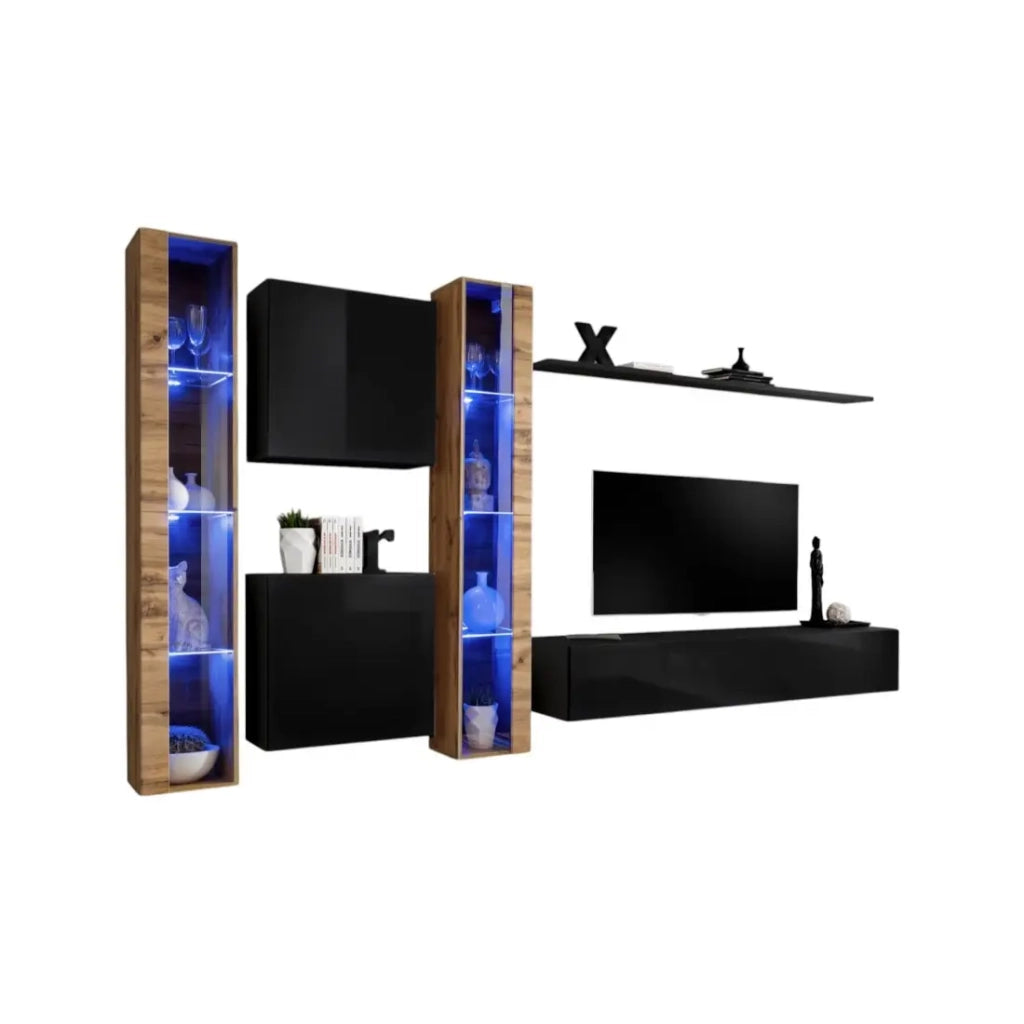 Mobile da soggiorno da parete SWITCH XVI design, colore nero lucido e rovere Wotan.