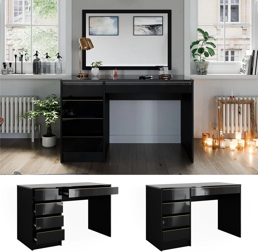 Tavolo da toilette Sherry, Nero/oro, 120 cm Senza specchio, 5 cassetti per diverse esigenze di conservazione