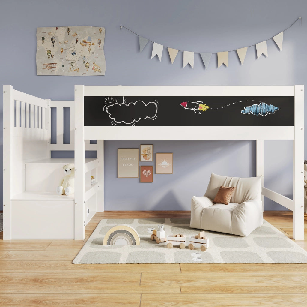 Letto a soppalco 90x200 cm con scala contenitore e lavagna in legno bianco