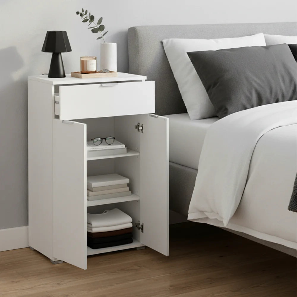 Comodino/Armadietto Bianco 2 Ante + Cassetto | Mobiletto Salvaspazio con 2 Ripiani Regolabili | Già Assemblato per Camera, Ingresso, Bagno e Soggiorno