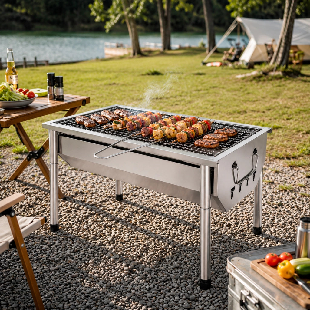 Barbecue A Carbone Portatile In Acciaio Inox Con Griglia Rimovibile Gambe Regolabili Design Compatto Salvaspazio Per Campeggio Picnic Giardino Terrazza Outdoor 40 X 28 X 21.5 Cm Acciaio