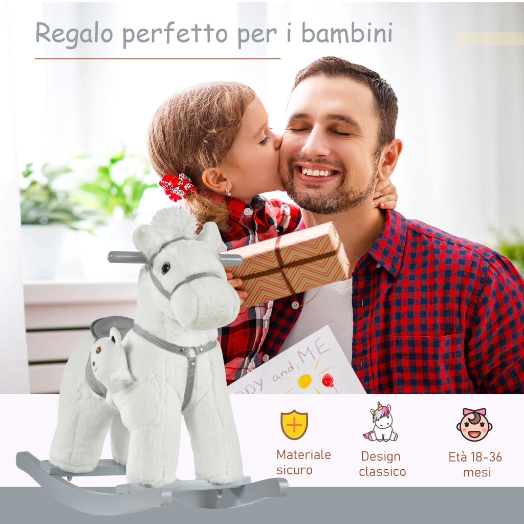 Cavallo a Dondolo con Suoni e Orsetto Incluso per Bimbi da 18-36 Mesi