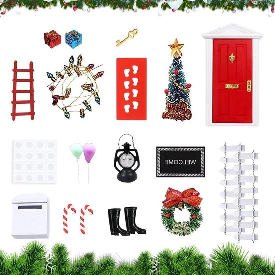 Accessori per porta di Natale - porta gnomi - porta elfi miniatura - porta fate - set di decorazione natalizia miniatura - chiave miniatura - striscia di luce - palloncino.