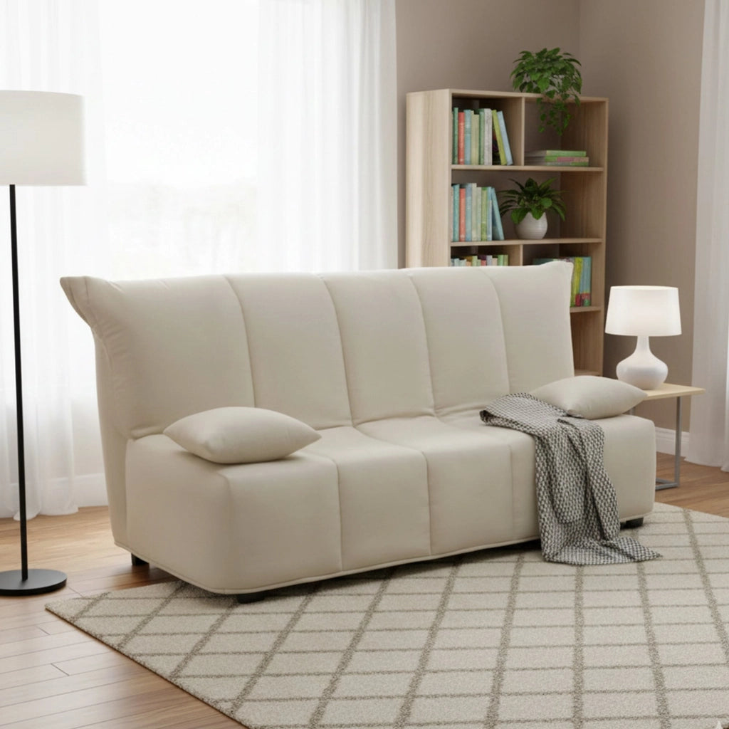 Divano Letto Ariska, Divano a 2 posti, Made in Italy, SofÒ  Soggiorno con apertura a carrello con apertura a carrello, in tessuto imbottito, con cuscini inclusi, cm 125x90h85, colore Beige