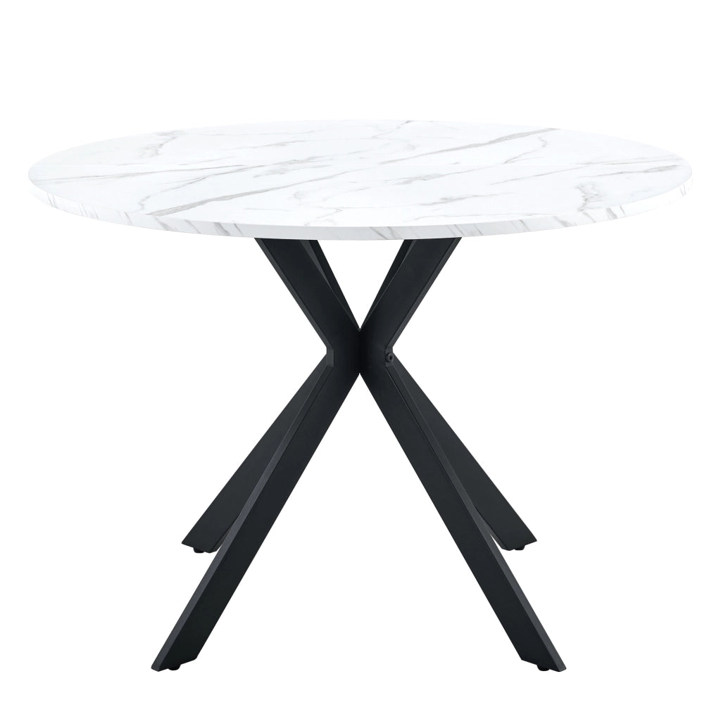 Tavolo da pranzo rotondo 110 cm in MDF effetto marmo bianco con gambe nere in metallo