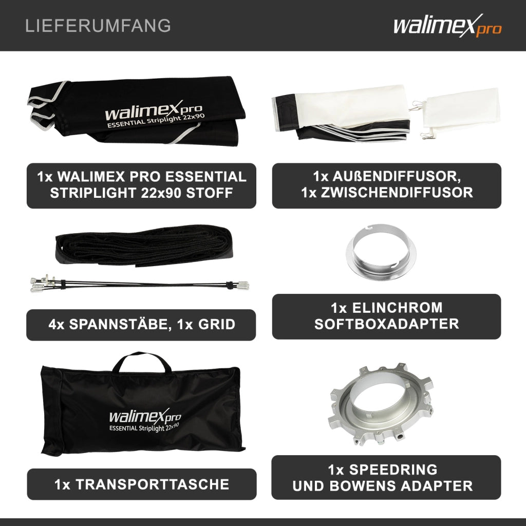 Essential Striplight Softbox 22x90cm + adattatore softbox per Elinchrom (diametro esterno: 15,2 cm), ruotabile a 360°, facile da montare, griglia inclusa, adattatore Bowens e borsa