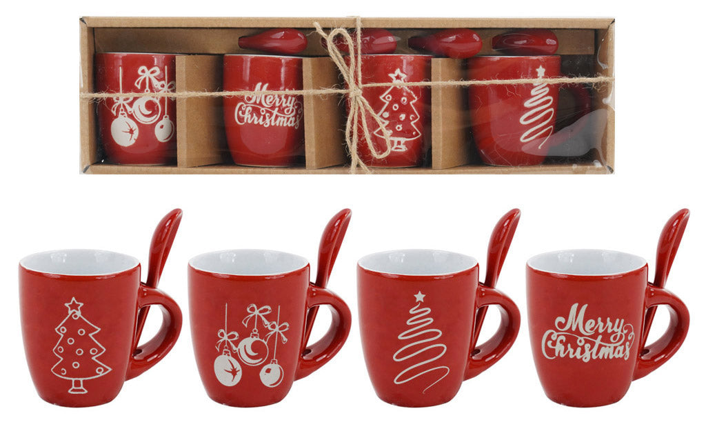 Set 4 Tazzine Natalizie con  Cucchiaino Rosse