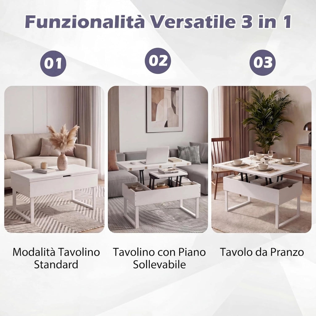 Tavolino da Caffè 3 in 1 con Piano Sollevabile, Tavolo Ausiliario Estensibile con Scomparti Nascosti, Gambe in Metallo, Tavolino Multifunzionale in Legno per Soggiorno e Sala da Pranzo (Bianco)