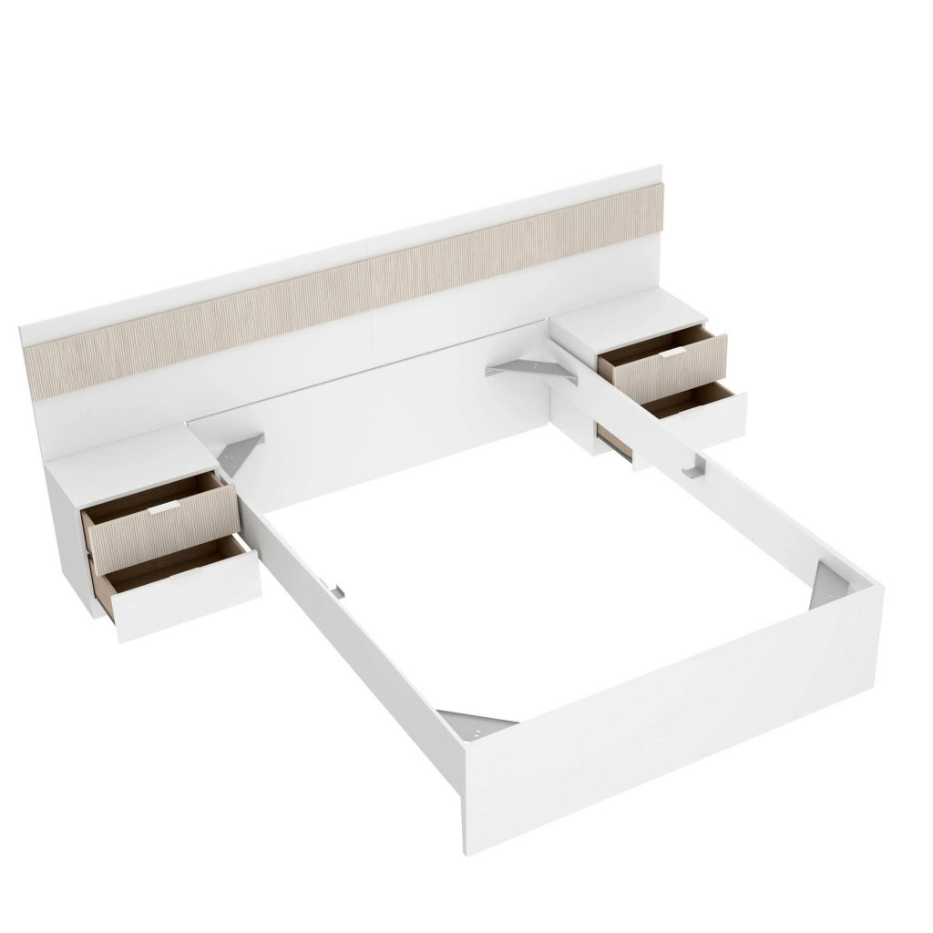 Letto alla francese Bonnie, Sommier per camera da letto, Giroletto per stanza, Struttura porta materasso, 248x195 h96 cm, Bianco e Rovere