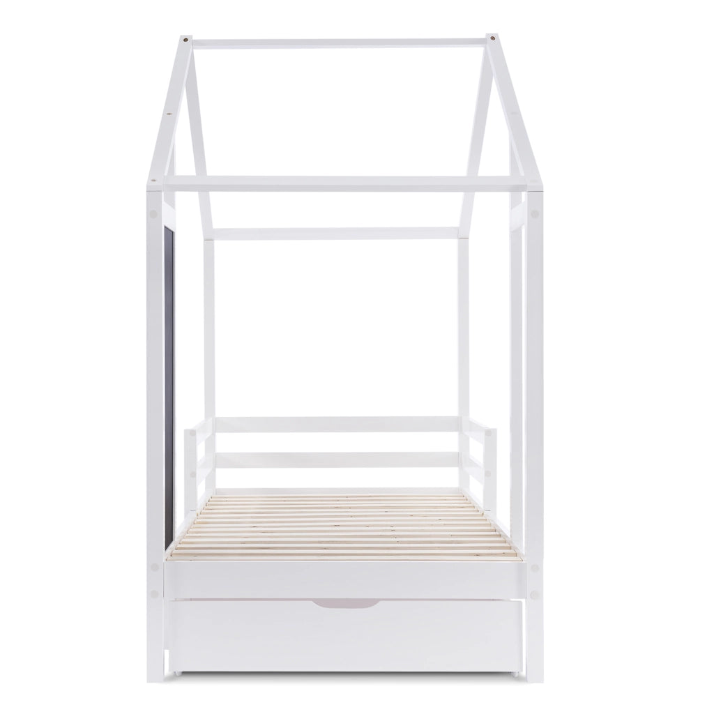 DESMIU Letto a casetta per bambini 90 × 200 cm singolo con lavagna, 2 cassetti e barriere, senza materasso