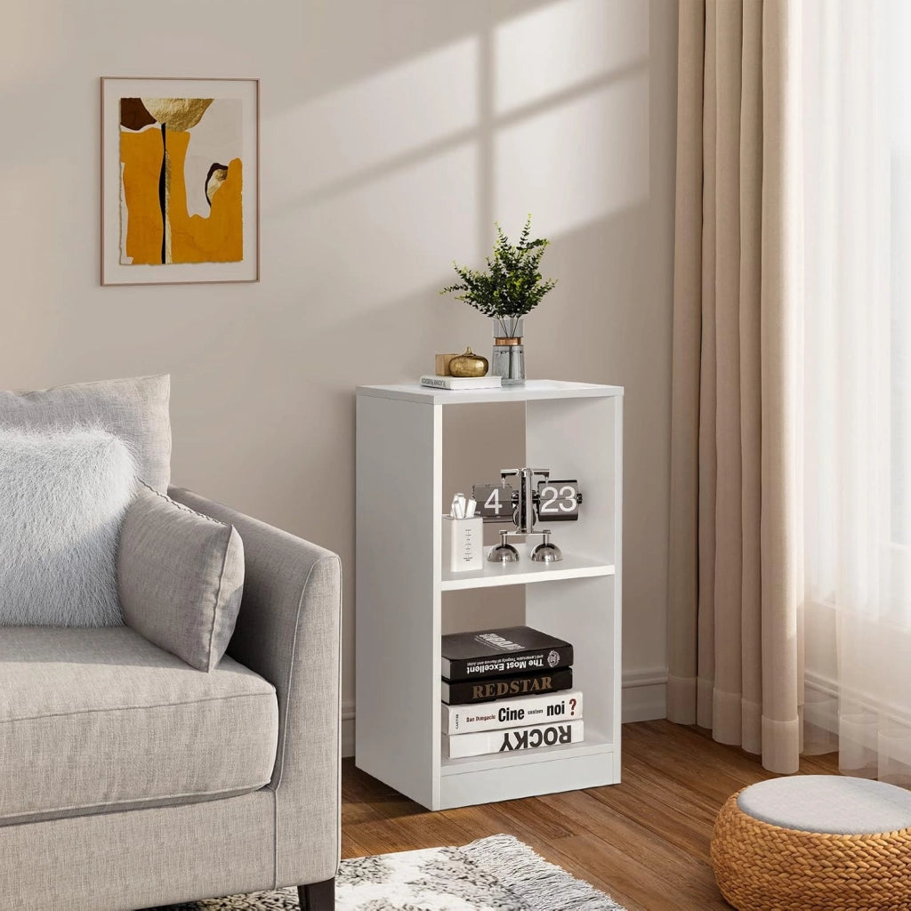 Set di 2 Scaffale Aperto, Libreria Scaffale a 2 Ripiani, Tavolino da Comodino, Supporto per CD Multifunzione per Soggiorno, 33x38,2x73 cm, Bianco
