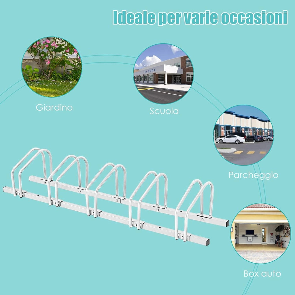 Rastrelliera per Biciclette, Portabiciclette Parcheggio Organizzatore per 4/5/6 Bici, Parcheggio per Biciclette, Telaio d'Acciaio (Argento, 5 Bici)