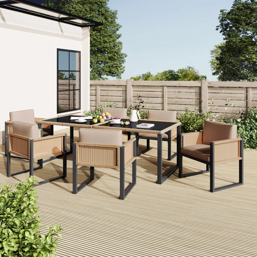 Set da pranzo da giardino in PE rattan con tavolo in vetro temperato e 6 sedie; nero e marrone
