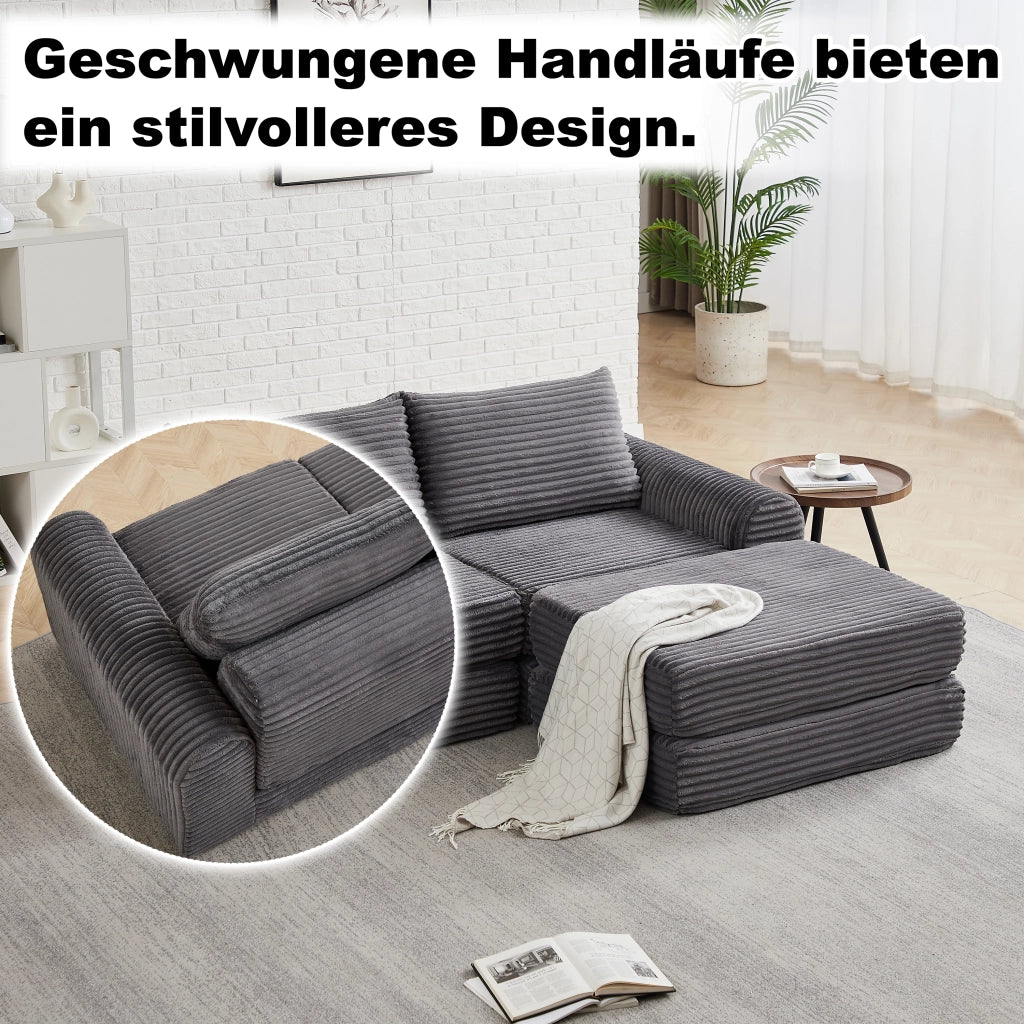Divano letto modulare in velluto a coste con chaise longue rimovibile e braccioli curvi grigio per soggiorno e relax