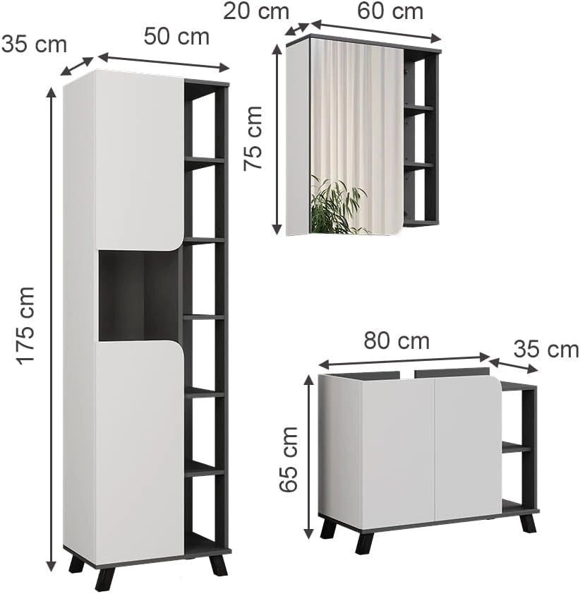 Set di mobili da bagno Karen, Antracite/bianco, 80 cm, composto da mobile sottolavabo, specchiera e colonna alta