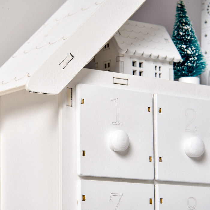 Calendario dell'Avvento  39x9x42 cm 24 Cassetti Villaggio di Natale con Alberi e Luci Bianco