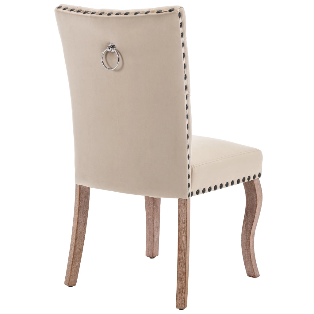 Sedia da pranzo con borchie in rame e schienale decorato in velluto con gambe in legno massiccio beige chiaro