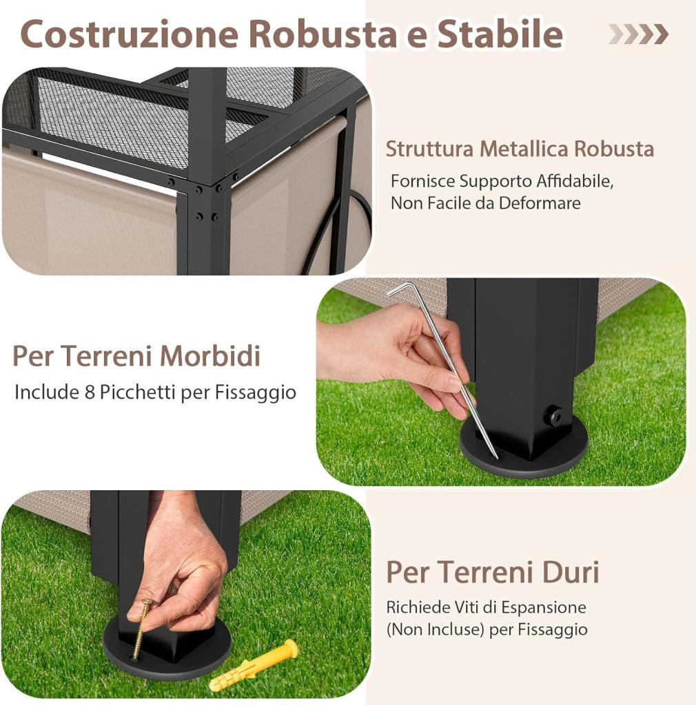 Gazebo per Barbecue, Pergola per BBQ con Tavolo Bar e 2 Sgabelli Bar Pieghevoli, Ripiani di Stoccaggio in Metallo, per Giardino e Cortile, 193 x 117 x 240 cm (Marrone)