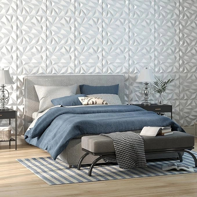 40 Pezzi 3D Pannelli Murali 50 x 50 cm, Pannello da Parete 3D Diamante, Decorazione Interna da Parete in PVC, 10 m², per Soggiorno Camera da Letto (10㎡,Bianco)
