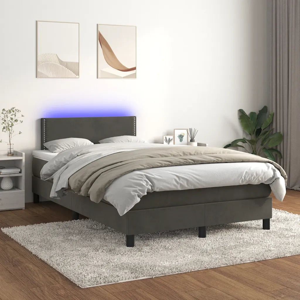 Letto a Molle con Materasso e LED Grigio Scuro 120x190cm in Velluto