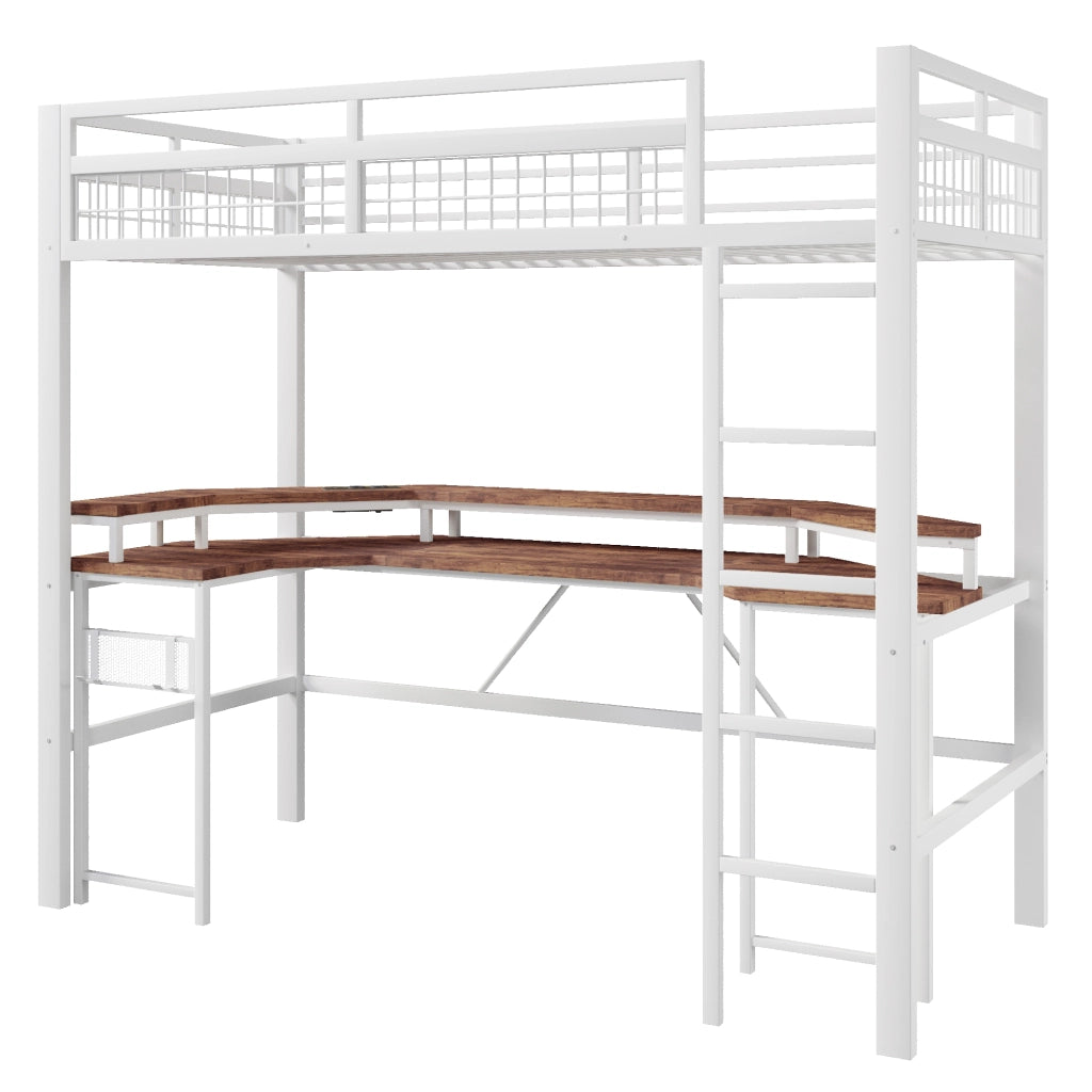 LETTO a soppalco 90x200 cm in metallo bianco con scrivania, LED, USB-C e prese