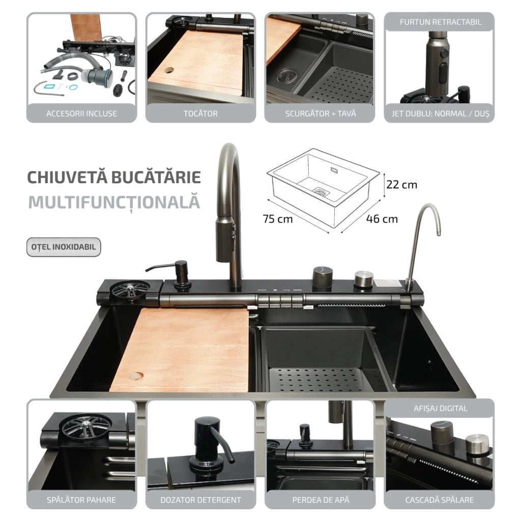 Lavello da cucina multifunzionale in acciaio inox con due rubinetti, display digitale della temperatura, due rubinetti a cascata, lavapentole, scolapiatti, vassoio, tagliere e accessori inclusi, dimensioni 75×46×22 cm.