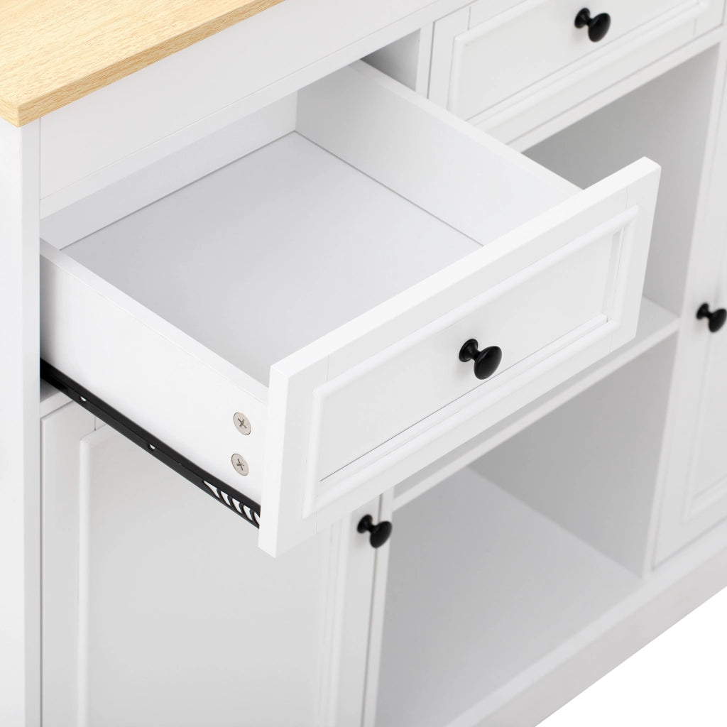 Mobili da cucina, isola da cucina, tavolo da pranzo allungabile, con rotelle, 3 cassetti, finitura effetto legno, bianco e color legno naturale