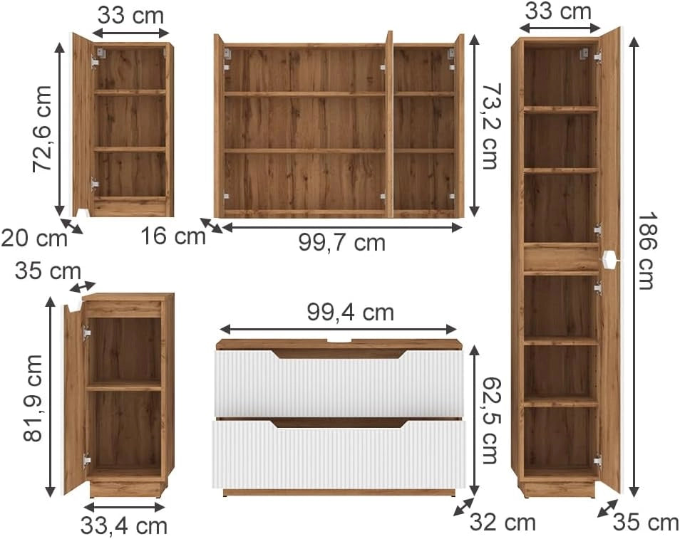 Set di mobili da bagno Lotta, Rovere/bianco a strisce, 5 parti