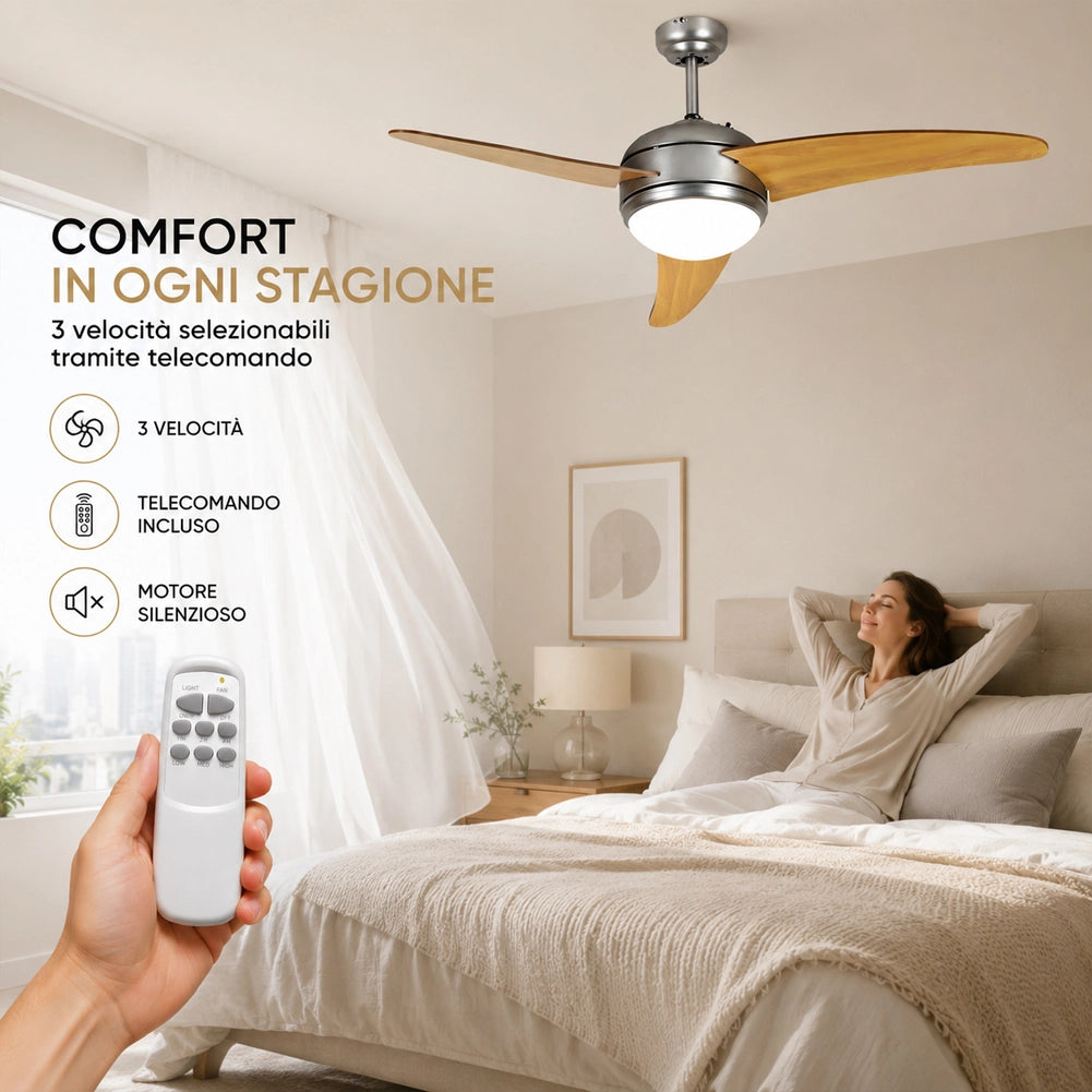 Ventilatore A Soffitto Con 3 Pale In Legno 3 Velocita Con Luce e Telecomando DCG