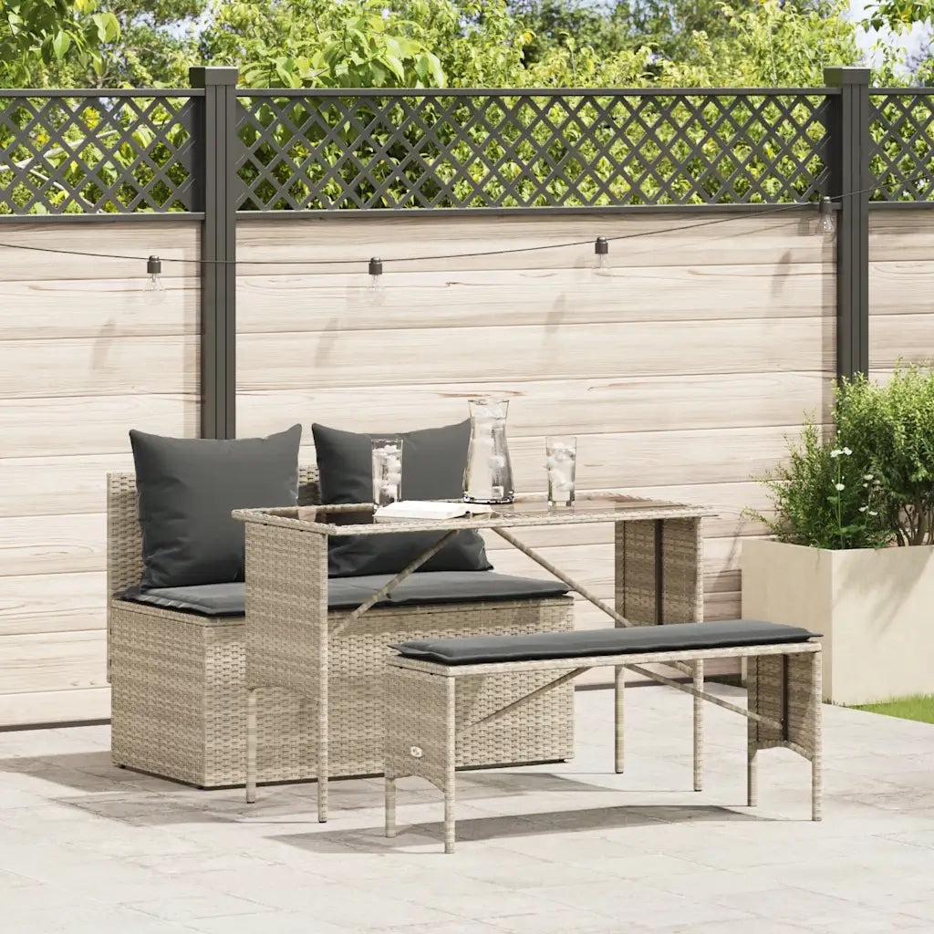 Set Pranzo da Giardino 3pz con Cuscini Grigio Chiaro Polyrattan