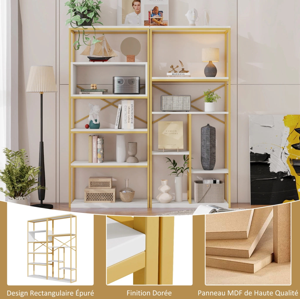 Libreria a ripiani aperti 160x29;5x180 cm in MDF e metallo; bianco e oro