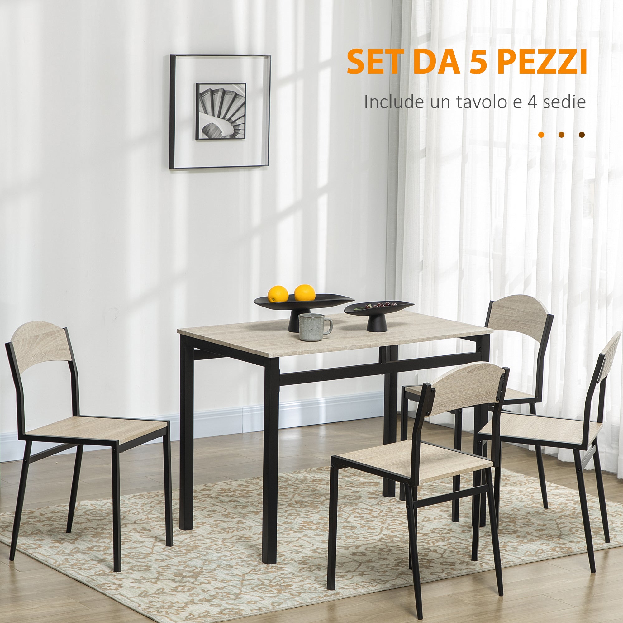 Set da Pranzo Tavolo Rettangolare e 4 Sedie in Acciaio e MDF Nero e Rovere