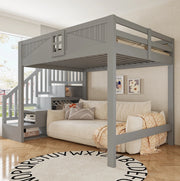 Letto a soppalco 140 x 200 cm con scala contenitore reversibile e barriera; grigio