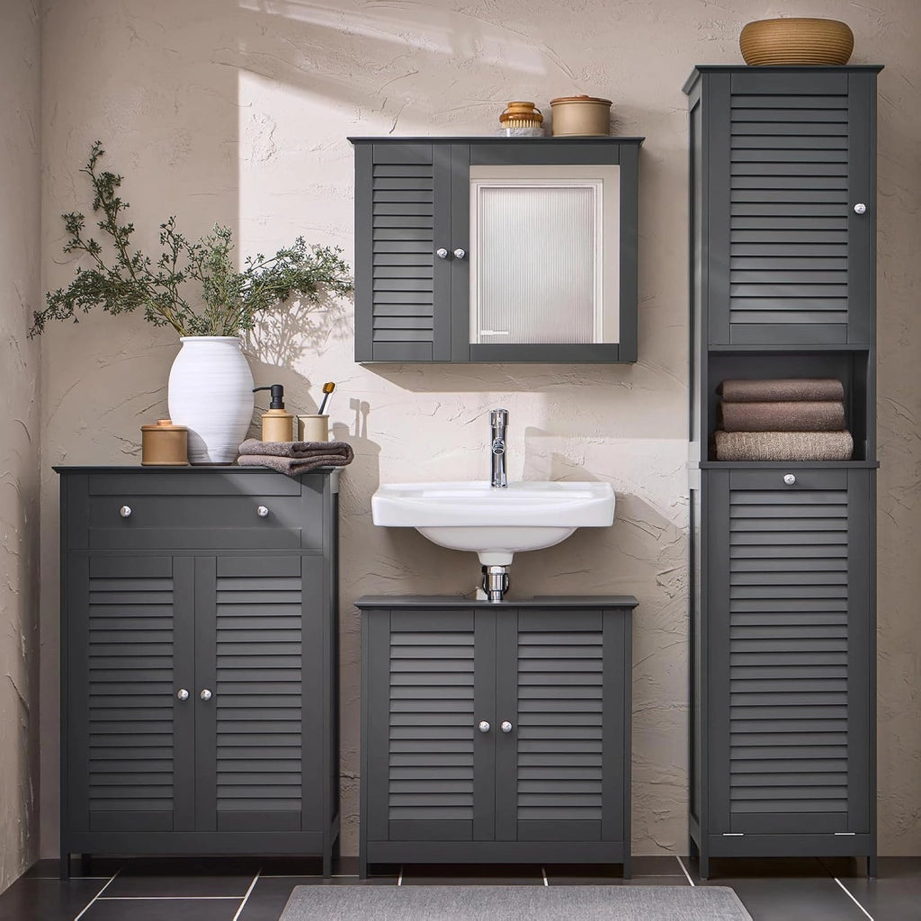 Mobile Bagno Colonna Salvaspazio con Portabiancheria Armadietto Alto e Stretto per Ambienti Compatti, Mobiletto con Ripiani, Mobile Multiuso Grigio 40x170x38 cm BZR124-DG