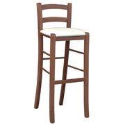 Sgabello alto 80 cm in legno noce scuro con schienale seduta in similpelle beige