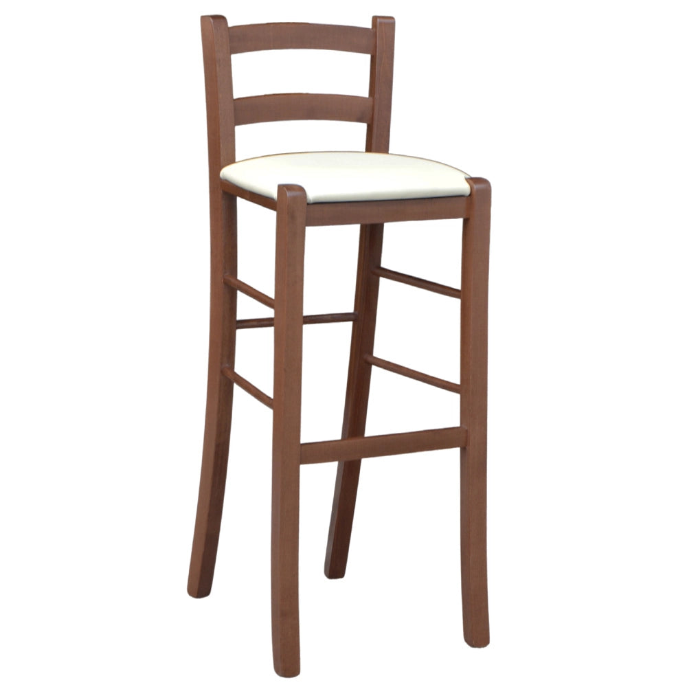 Sgabello alto 80 cm in legno noce scuro con schienale seduta in similpelle beige