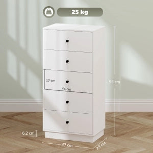 CASSETTIERA 47 x 29 x 95 cm a 5 cassetti in pannello di legno bianco