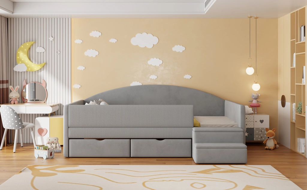 DESMIU Letto singolo 90 × 190 cm con 2 cassetti, sponde e gradini, senza materasso, in velluto, grigio chiaro