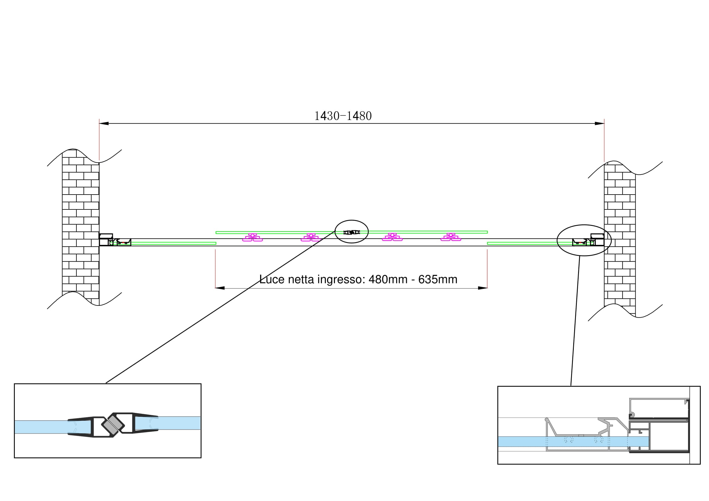 Porta doccia vetro 6 mm con apertura centrale a 4 ante per installazione in nicchia Altezza 190 cm 143-148 REGOLABILE
