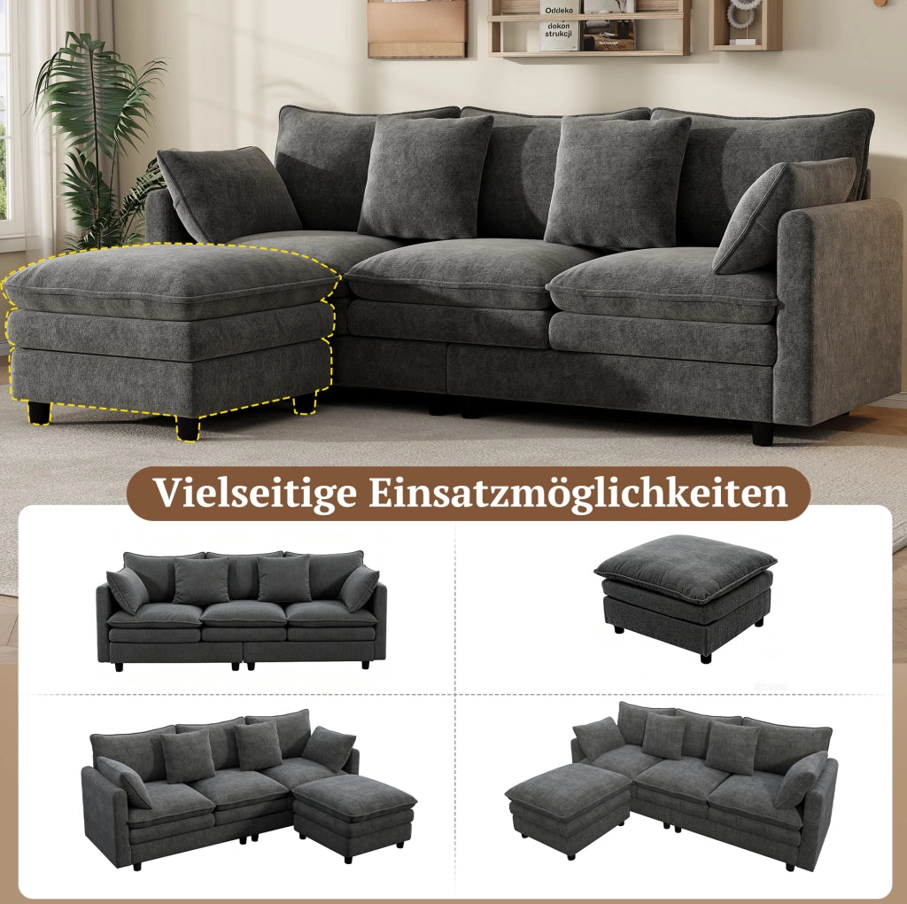 Divano angolare 3 posti in chenille grigio con chaise longue mobile