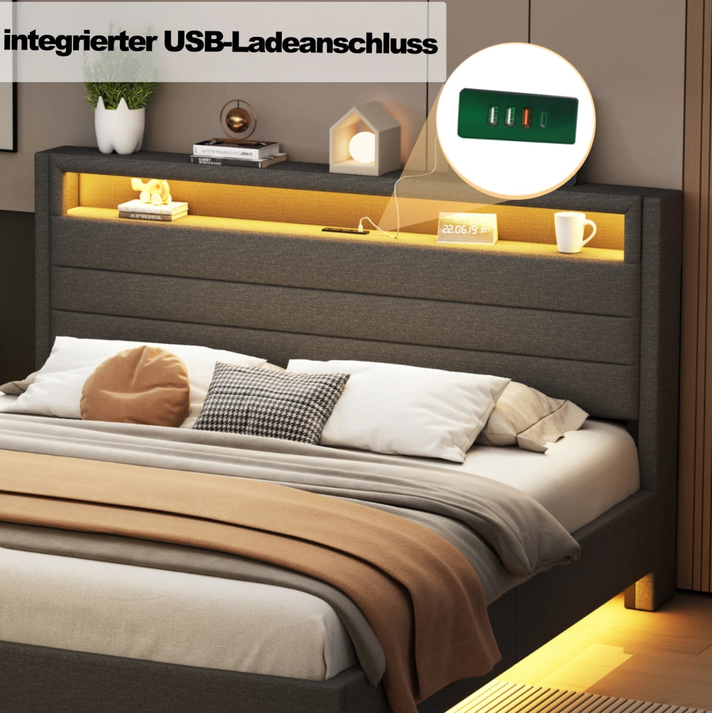 Letto matrimoniale imbottito 160x200 cm con USB e LED grigio