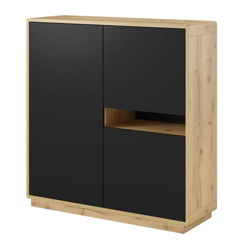 Credenza alta collezione VILLA. Colore quercia e nero. 3 porte e 1 nicchia illuminata.