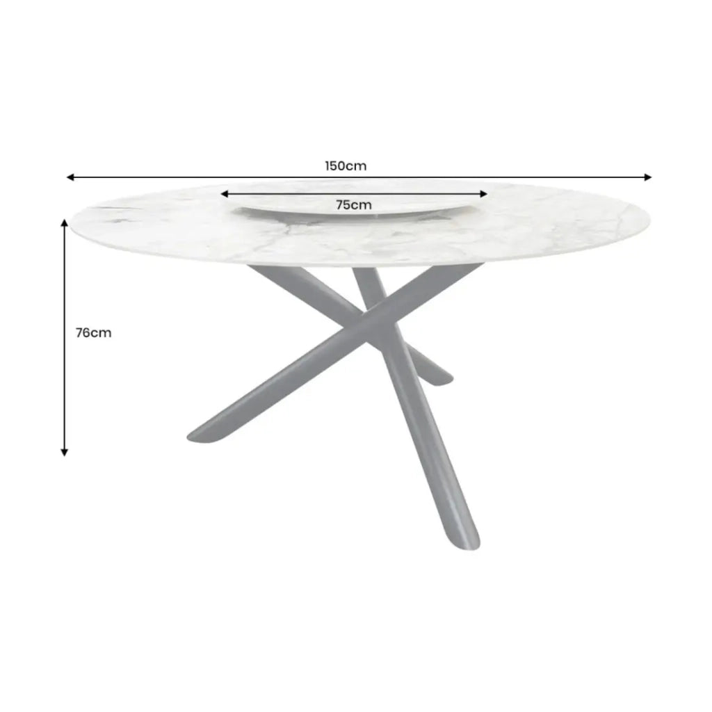 Table AXYA – Rotonda 150 cm – Piano in ceramica e vetro temperato effetto marmo bianco con piano superiore rotante