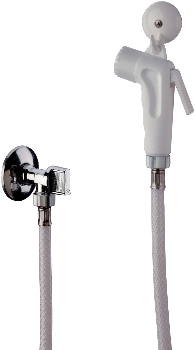 Set doccetta bidet eco con doccia a pulsante bianca, flessibile, rubinetto e gancio bianco