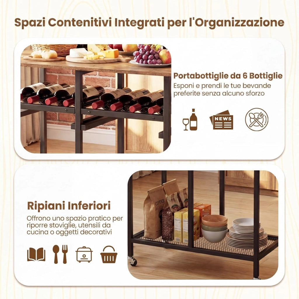 Set Tavolo da Pranzo Pieghevole 3 Pezzi, Tavolo Salvaspazio Estendibile con 2 Sgabelli con Ruote, Portabottiglie da 6 Posti, Ripiani e Maniglia Laterale per Cucina (Caffè,Modello 2)