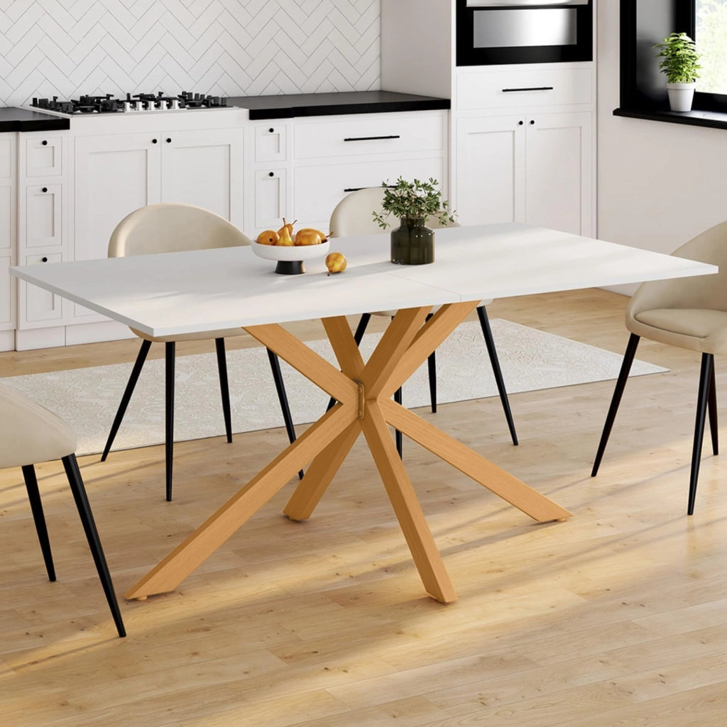 Tavolo da pranzo rettangolare per 8 persone GISELE con gamba a ragno in legno e piano bianco 160 cm