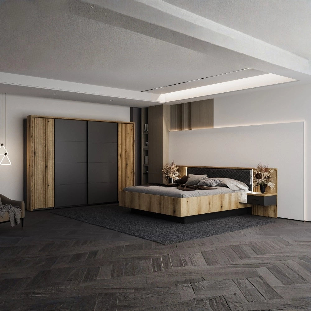 Struttura letto matrimoniale Esteban296 con boiserie dogata, LED e comodini integrati rovere e antracite per rete 180x200 cm